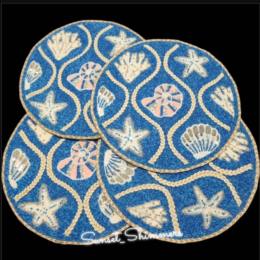 4 Beaded Coastal Seashell Starfish Sea Coral Jute Accent Placemats Chargers Set
